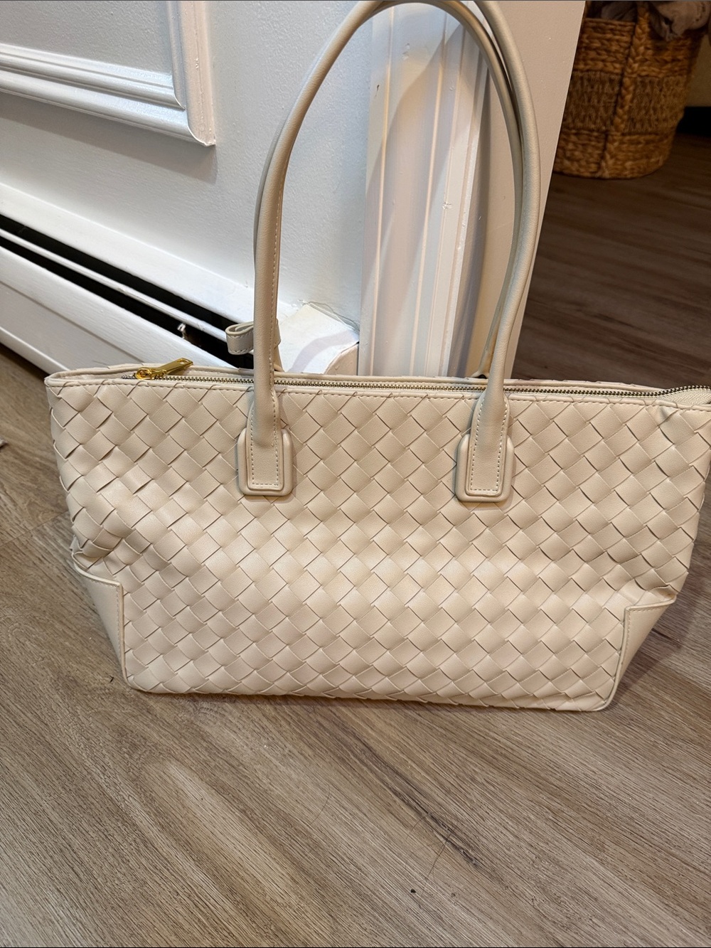 Woven Tote Bag in Cream - Classic Everyday Shoulder Bag. 17 1/2 by 9 inches.